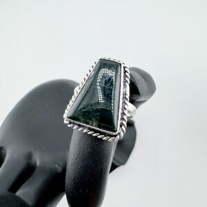 Vintage 925 Sterling Silver Moss Agate Ring Trapezoid Gem Boho Southwestern 90s